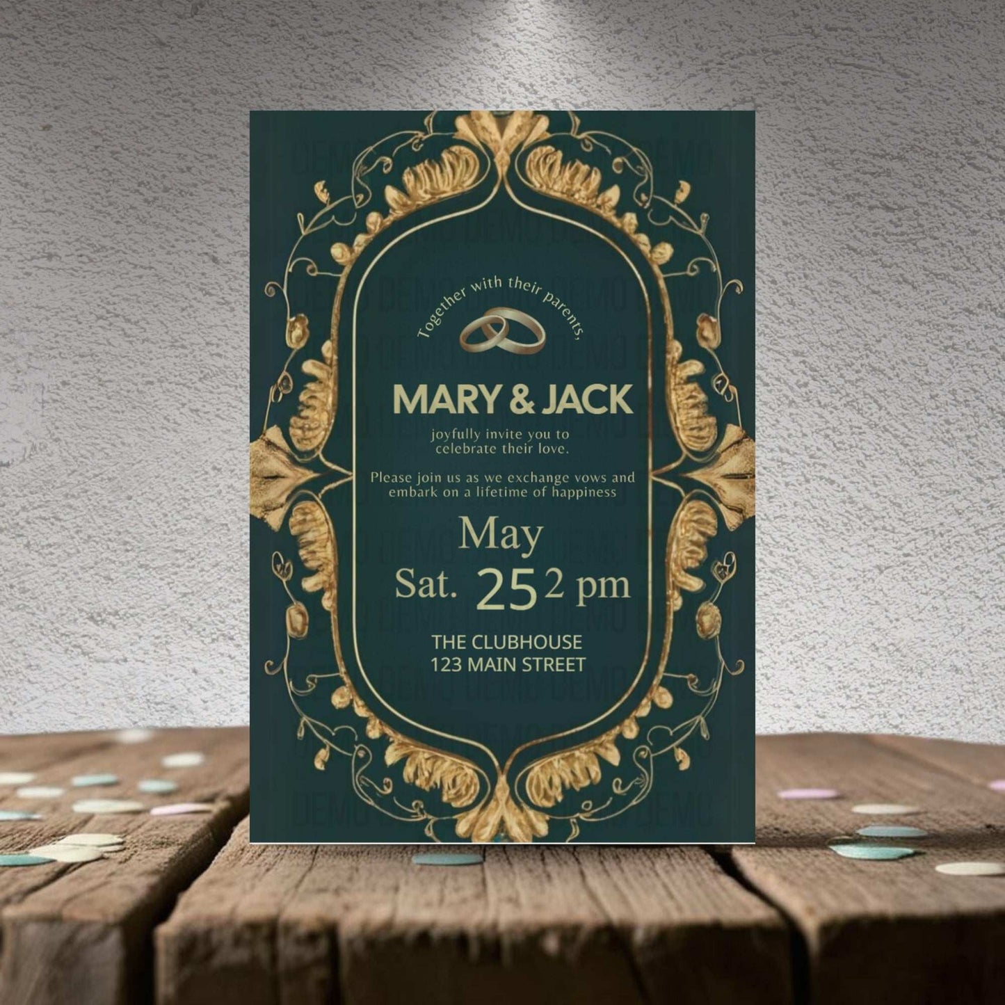 Wedding invitation card with gold design on a dark green background, placed on a wooden surface.