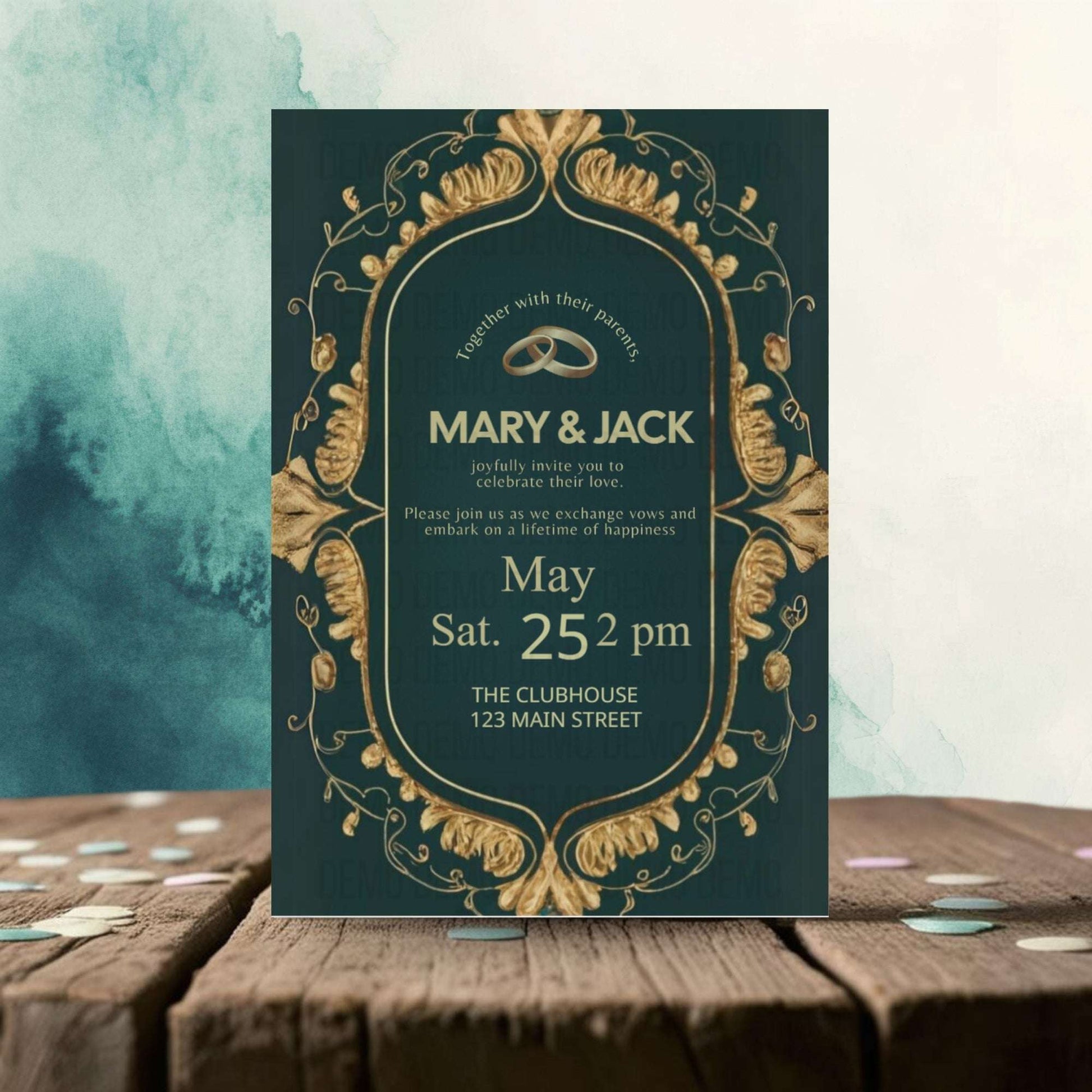 Wedding invitation card with gold design on a wooden surface