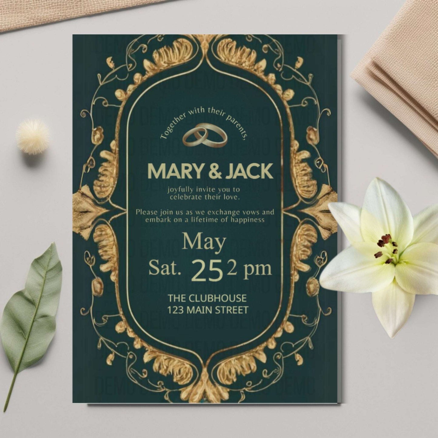 Wedding invitation card with gold decorative elements on a green background, placed on a light surface with flowers and leaves.