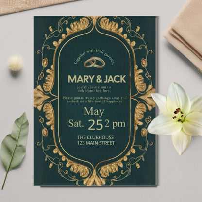 Wedding invitation card with gold decorative elements on a green background, placed on a light surface with flowers and leaves.