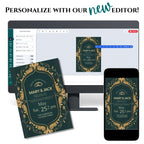 Digital invitation editor with a wedding invitation displayed on a computer screen, phone, and paper.