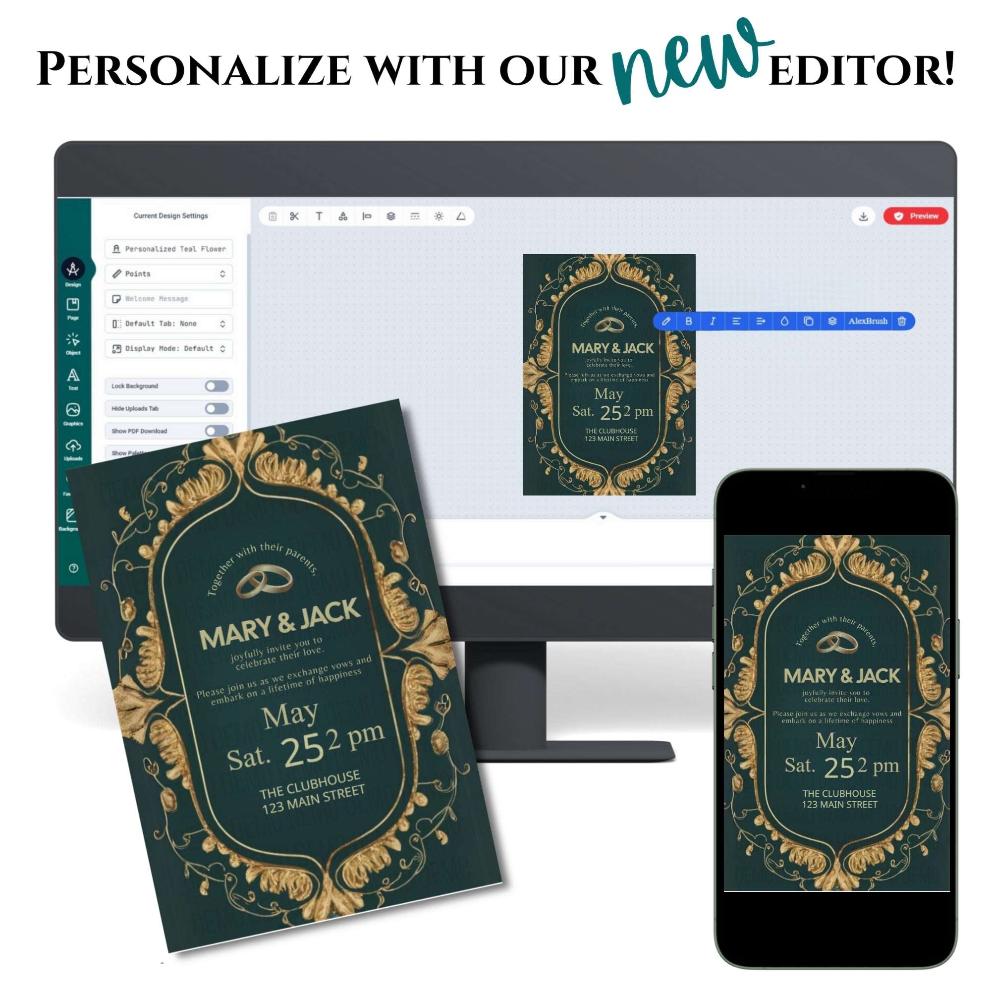Digital invitation editor with a wedding invitation displayed on a computer screen, phone, and paper.