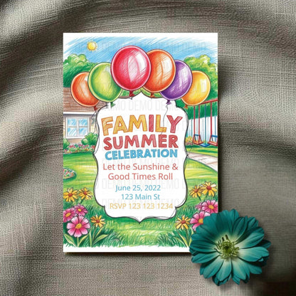 Family Summer Celebration Invitation with Colorful Balloons – Fun Outdoor Party Invite