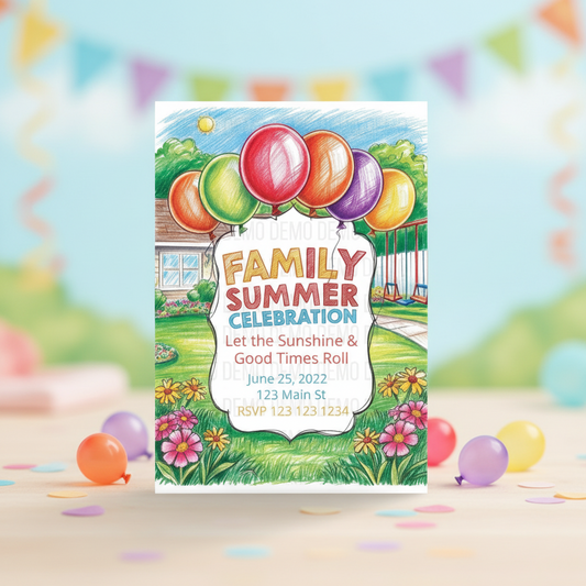 Family Summer Celebration Invitation with Colorful Balloons – Fun Outdoor Party Invite
