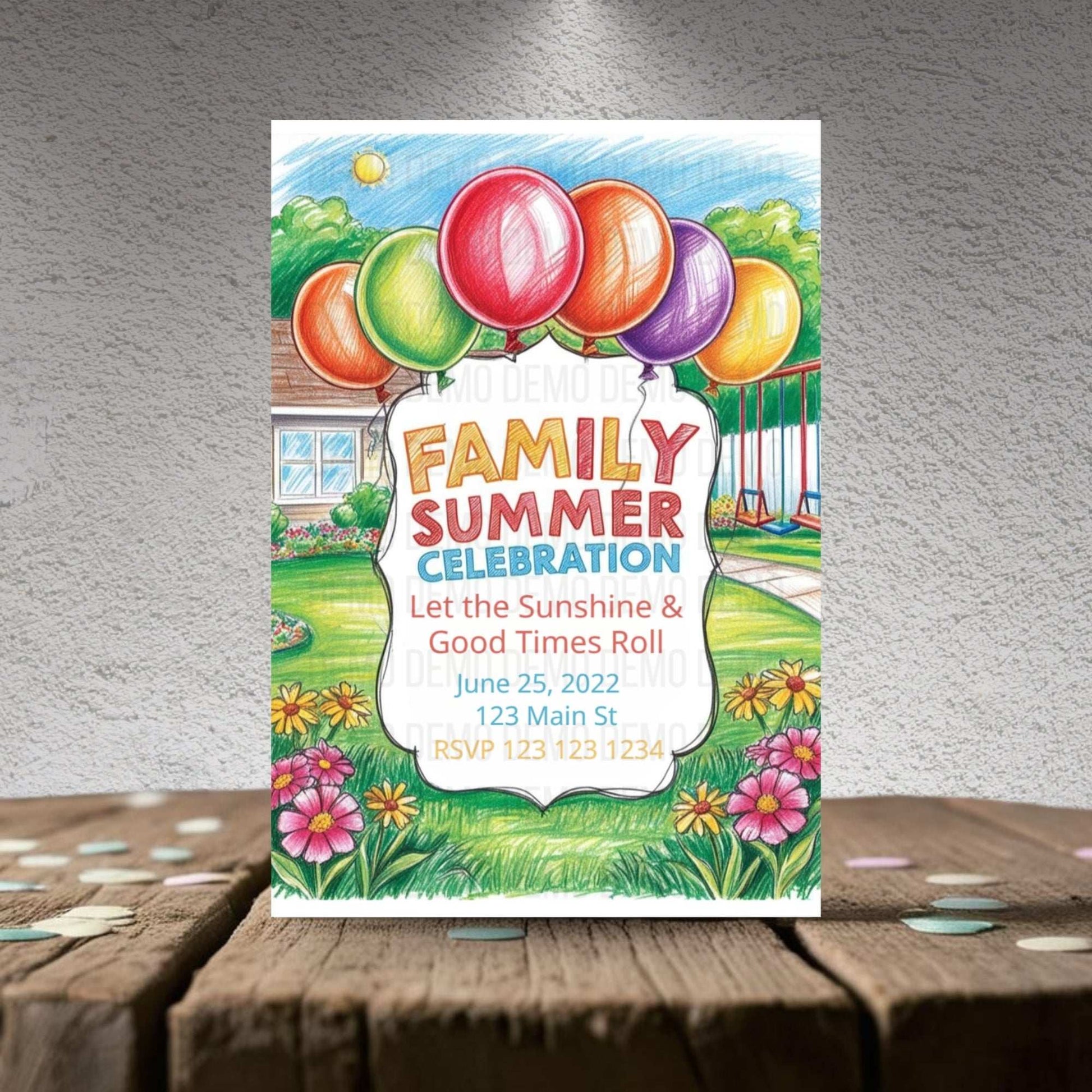 Family Summer Celebration Invitation with Colorful Balloons – Fun Outdoor Party Invite