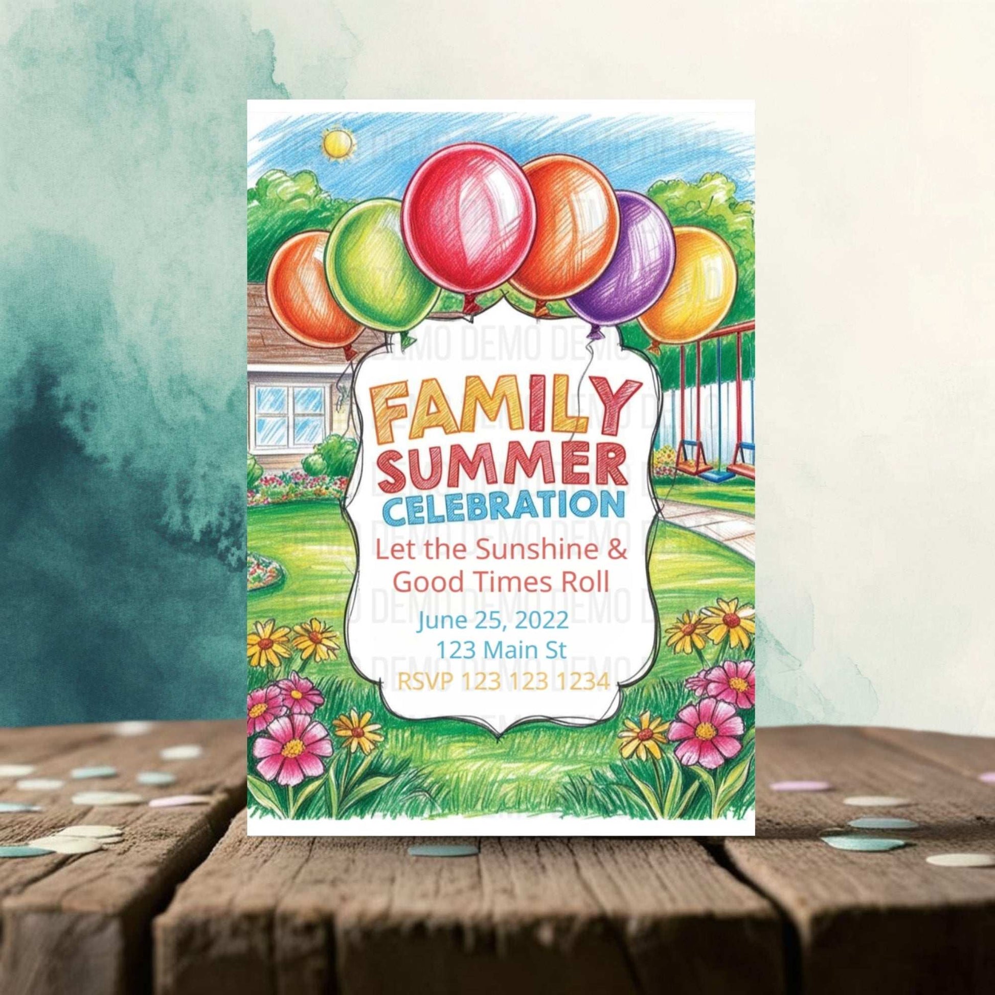 Family Summer Celebration Invitation with Colorful Balloons – Fun Outdoor Party Invite