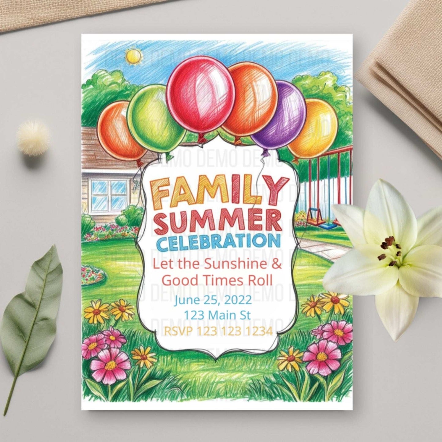 Family Summer Celebration Invitation with Colorful Balloons – Fun Outdoor Party Invite