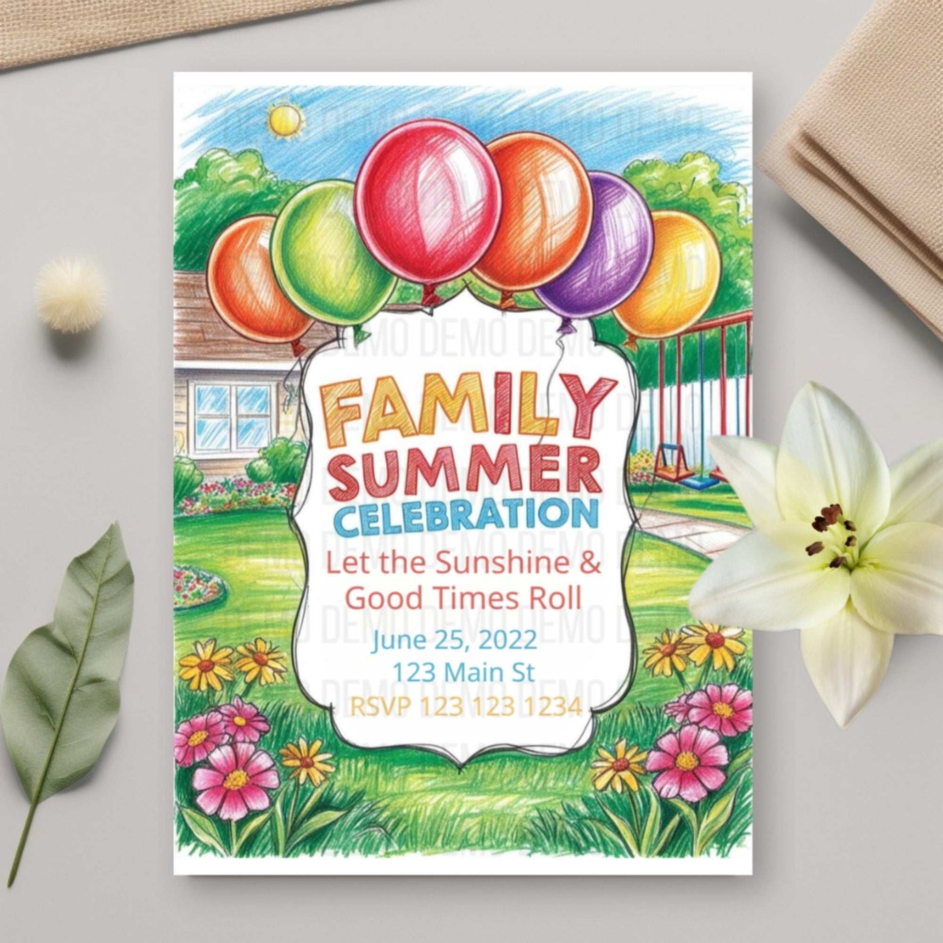 Family Summer Celebration Invitation with Colorful Balloons – Fun Outdoor Party Invite