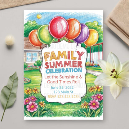 Family Summer Celebration Invitation with Colorful Balloons – Fun Outdoor Party Invite