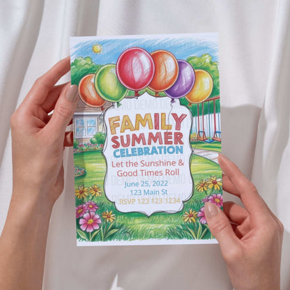 Family Summer Celebration Invitation with Colorful Balloons – Fun Outdoor Party Invite