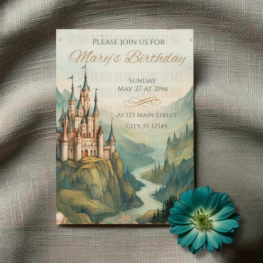 Birthday invitation card with castle design on a textured surface with a blue flower.
