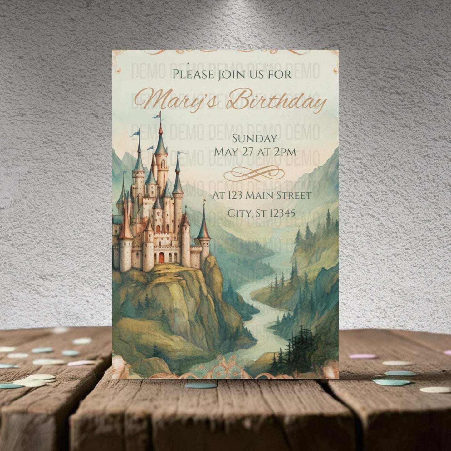 Birthday invitation card with castle design on a textured surface