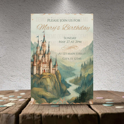 Birthday invitation card with castle design on a textured surface