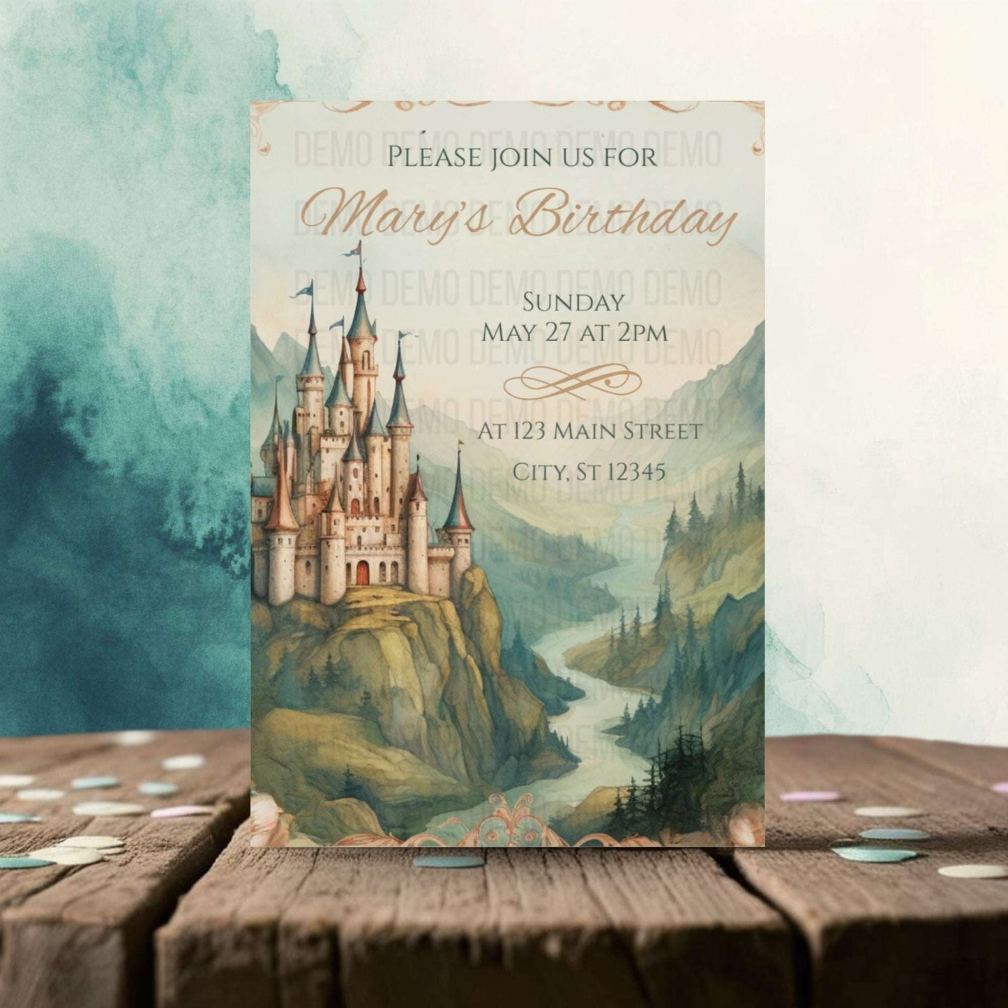 Birthday invitation card with castle design on a wooden surface