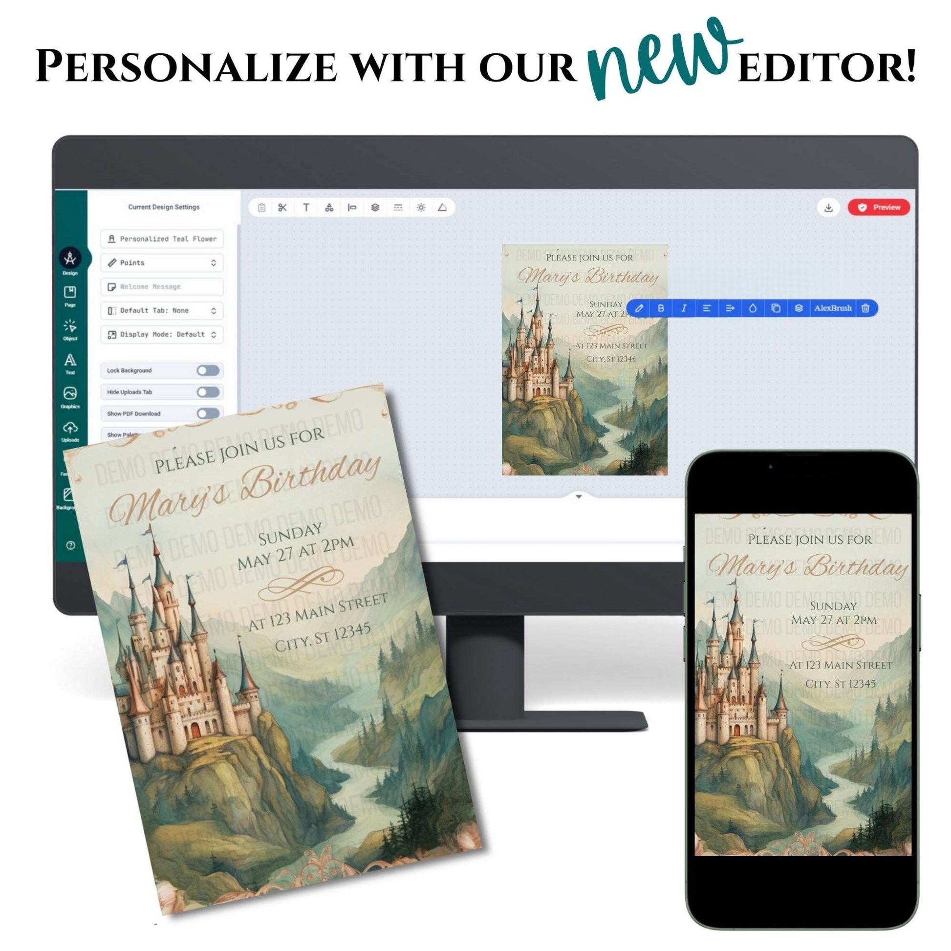 Birthday invitation with castle design on computer, phone, and paper