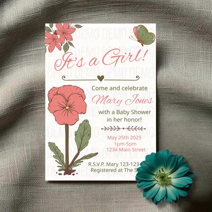 Baby shower invitation with floral design on a textured fabric background