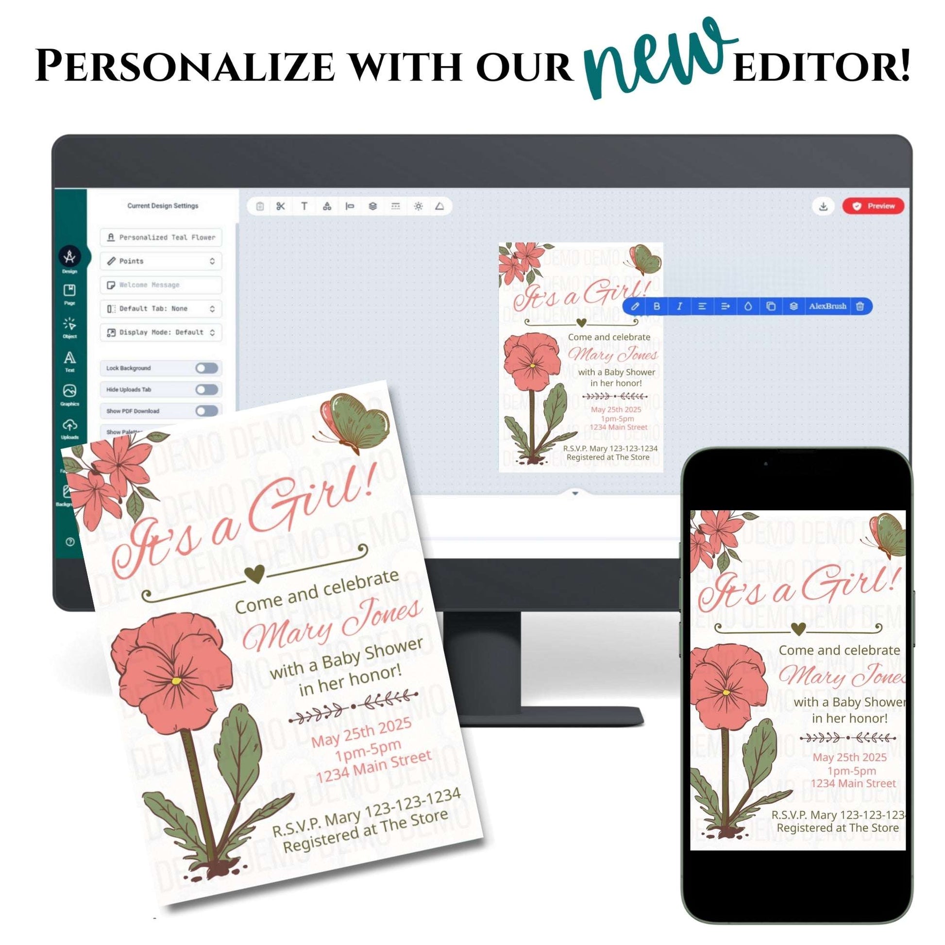 Baby shower invitation with floral design on computer, phone, and paper