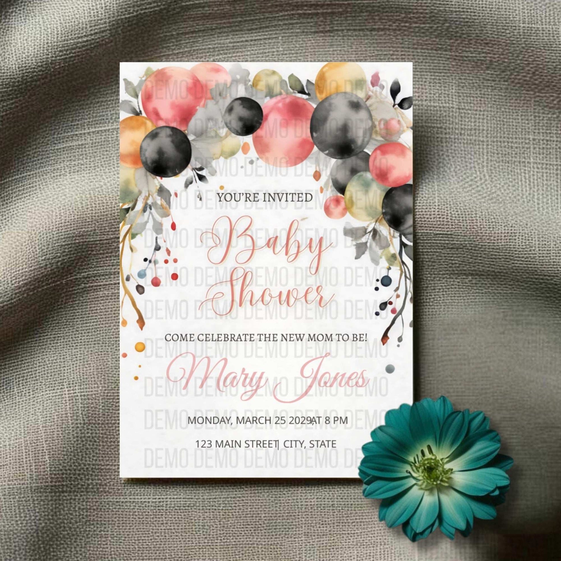 Floral Balloon Baby Shower Invitation – Editable Personalized Template