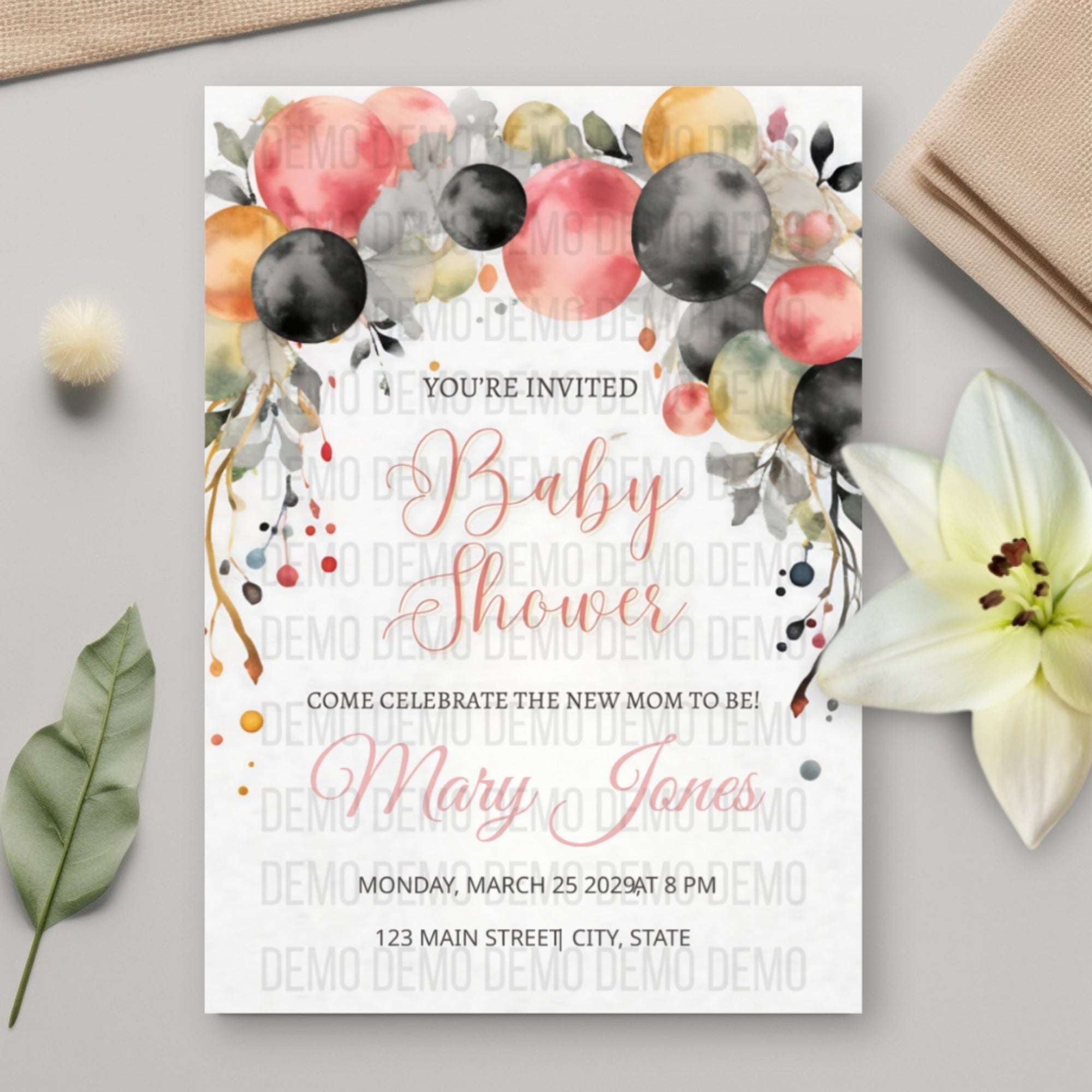 Floral Balloon Baby Shower Invitation – Editable Personalized Template