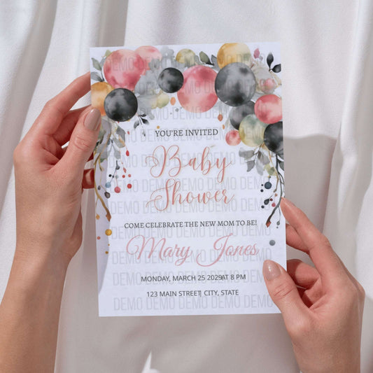 Floral Balloon Baby Shower Invitation – Editable Personalized Template