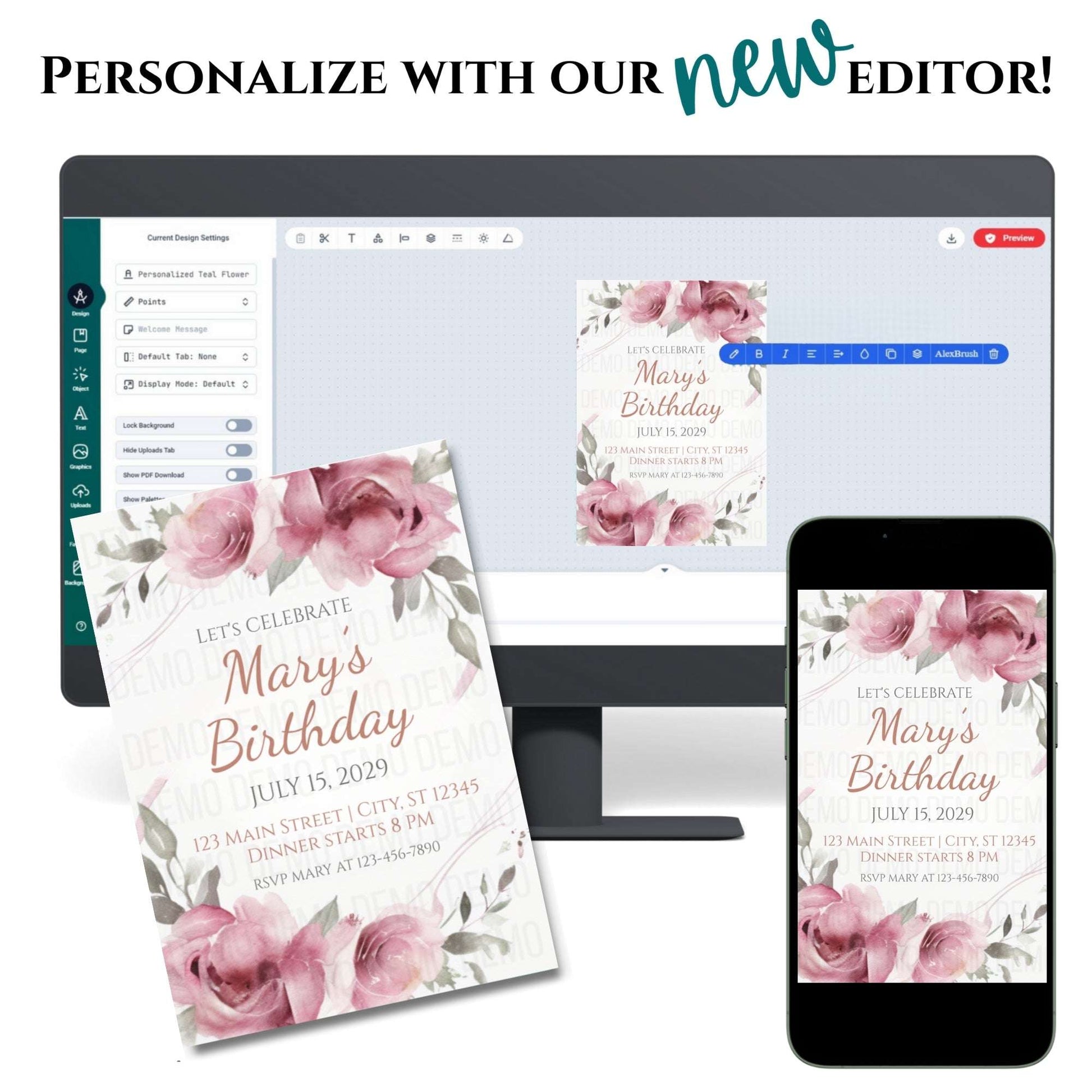 Birthday invitation with pink flowers displayed on a computer screen, phone, and paper.