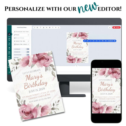 Birthday invitation with pink flowers displayed on a computer screen, phone, and paper.