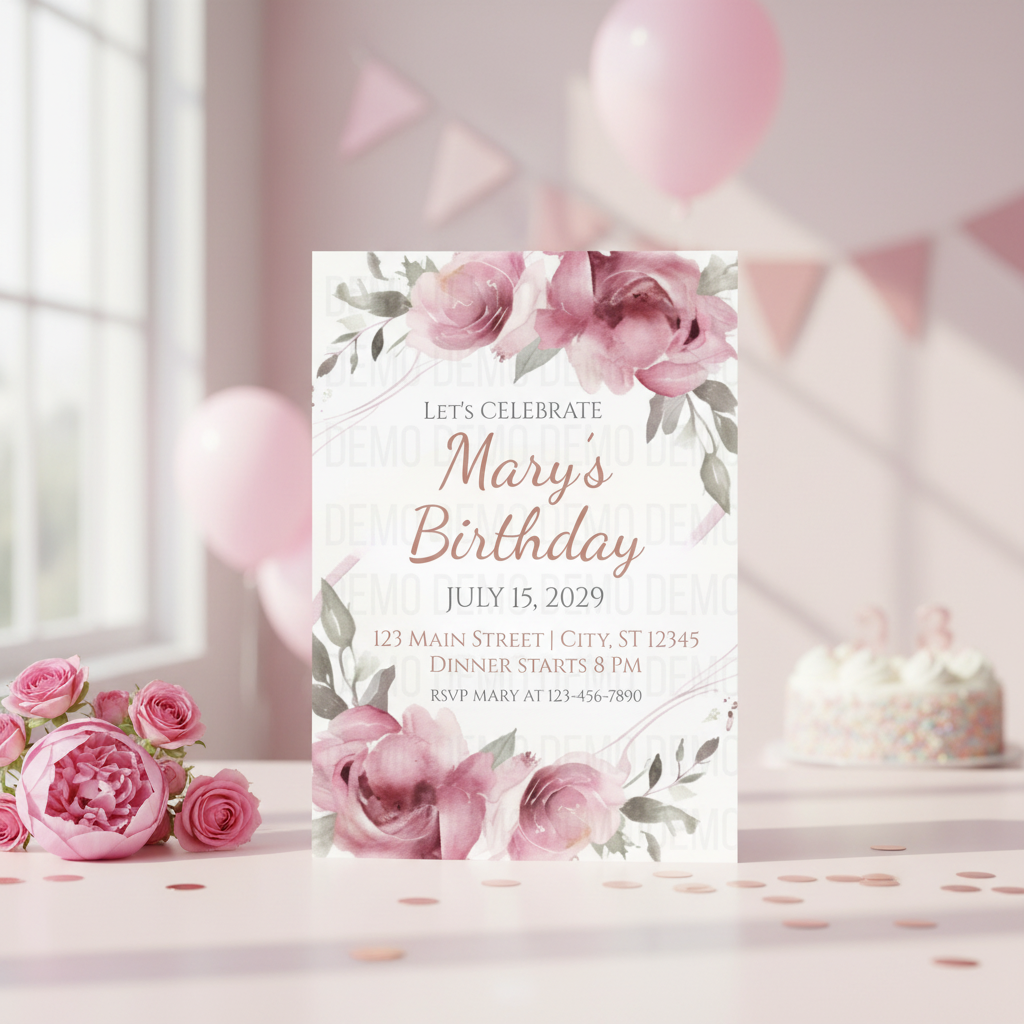 Birthday invitation card with pink flowers on a table with balloons and cake.