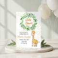 Baby shower invitation with a giraffe illustration on a white background
