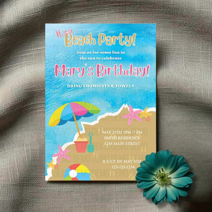 Beach party invitation with colorful design on a textured surface with a flower.