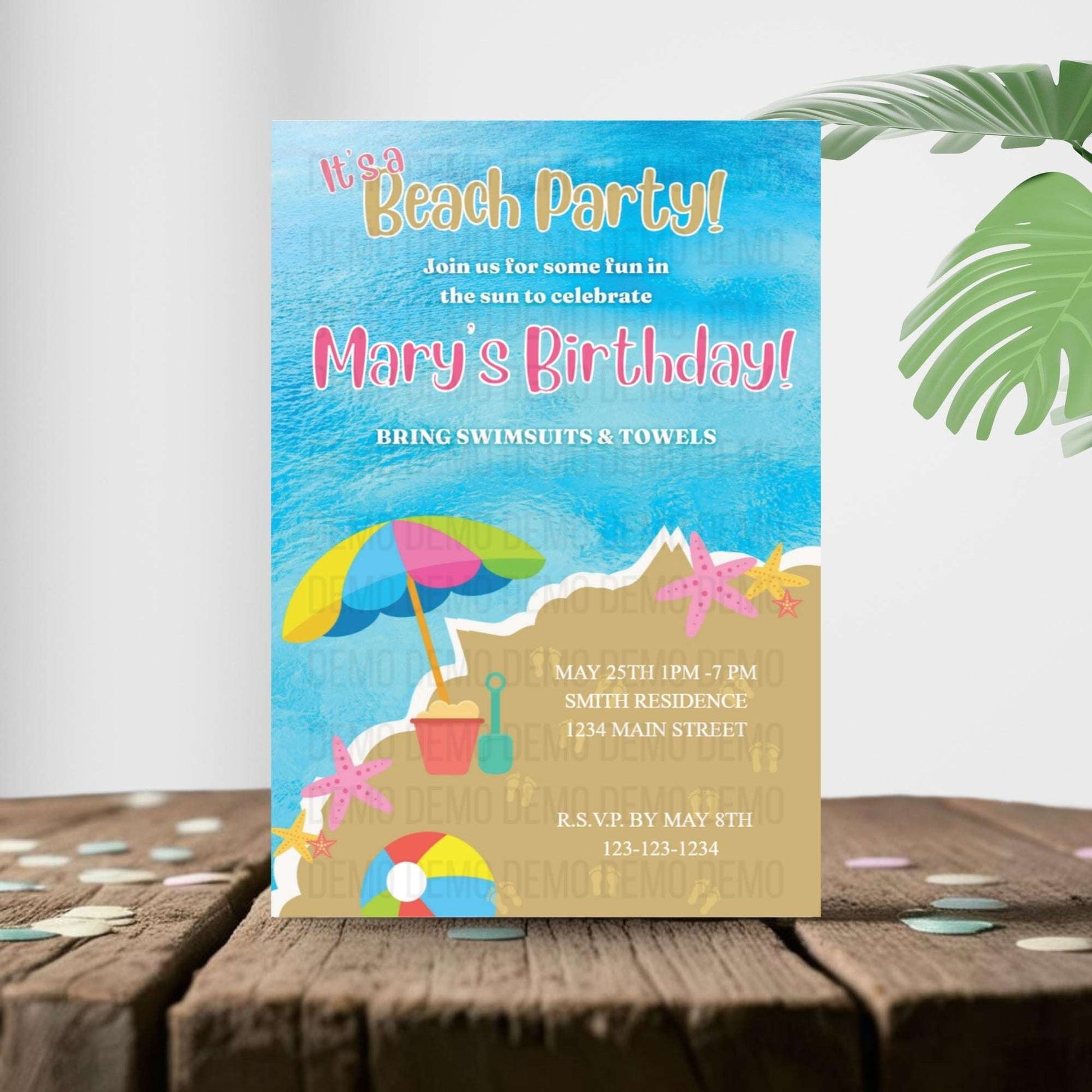 Beach party invitation with colorful design on a wooden surface
