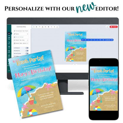 Beach party invitation design on a computer screen, phone, and paper with text 'Personalize with our new editor'.