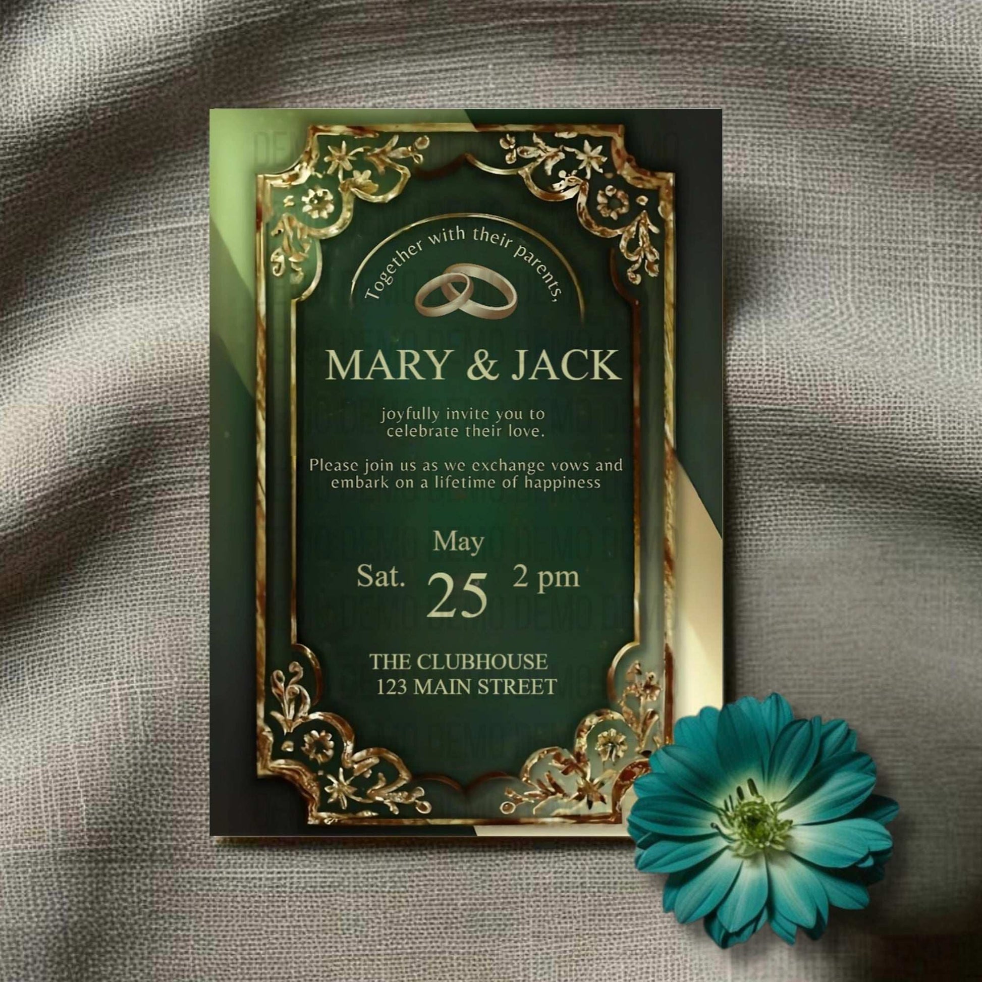 Golden & Green Wedding Invitation – Elegant Floral Template