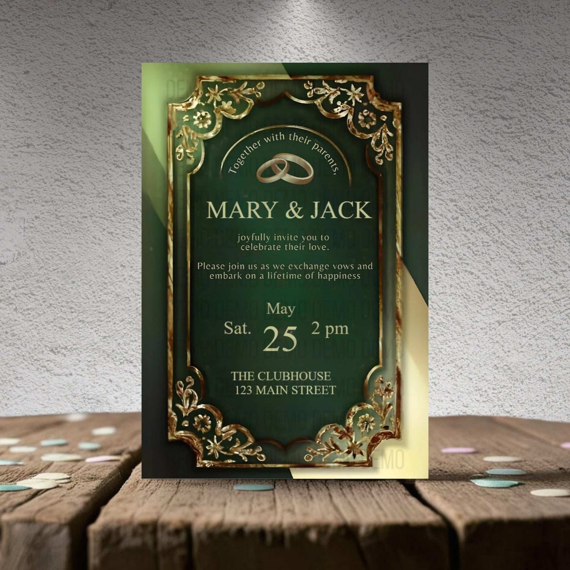 Golden & Green Wedding Invitation – Elegant Floral Template