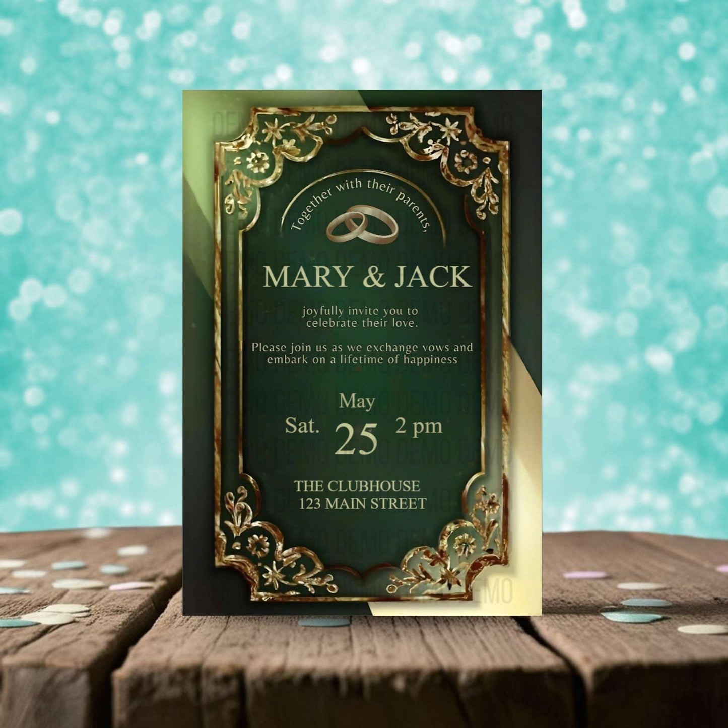 Golden & Green Wedding Invitation – Elegant Floral Template