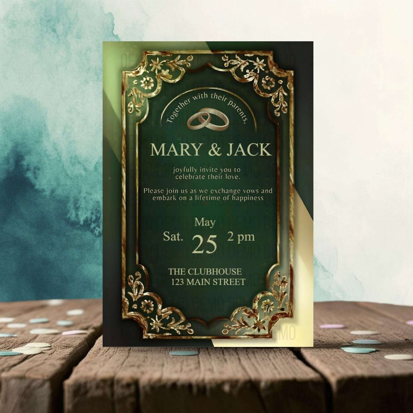 Golden & Green Wedding Invitation – Elegant Floral Template