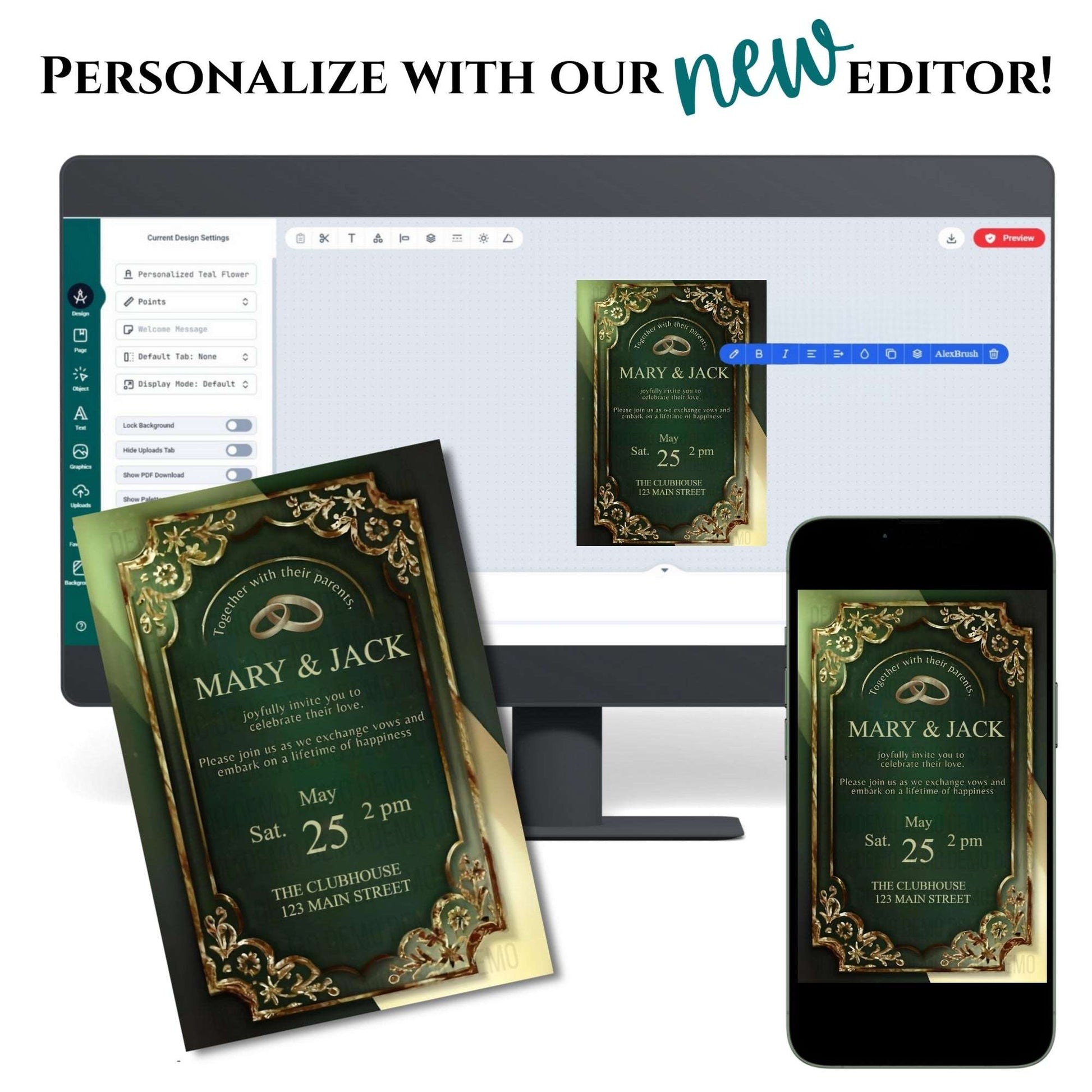 Golden & Green Wedding Invitation – Elegant Floral Template