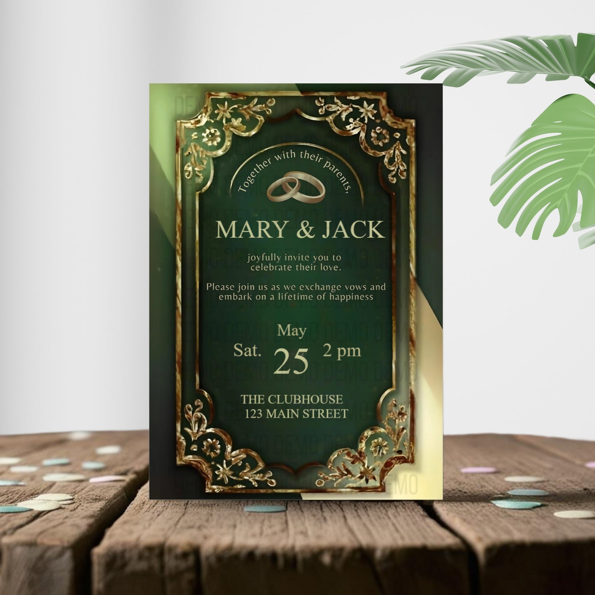 Golden & Green Wedding Invitation – Elegant Floral Template