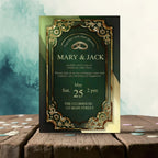 Golden & Green Wedding Invitation – Elegant Floral Template