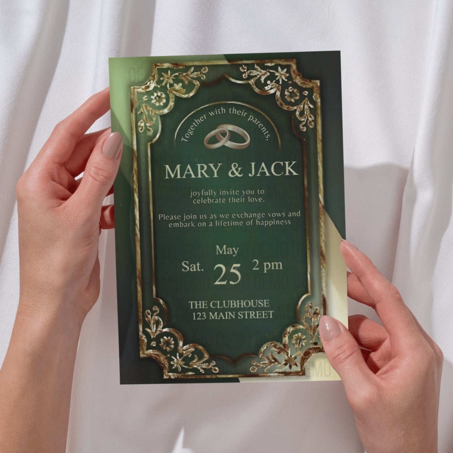 Golden & Green Wedding Invitation – Elegant Floral Template