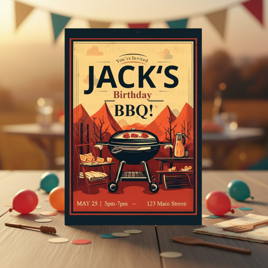 Birthday BBQ invitation with grill and scenic design on a table with balloons.