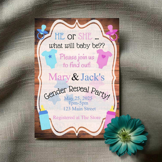 He or She Personalized Gender Reveal Invitation