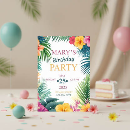Birthday party invitation with tropical design on a table with balloons and cake.