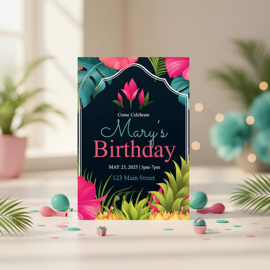 Birthday invitation card with floral design on a decorative table.