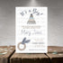 Baby shower invitation for a boy with cake and baby bootie design on a textured surface.
