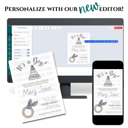 Baby shower invitation design on a computer screen, phone, and paper with text 'Personalize with our new editor'.