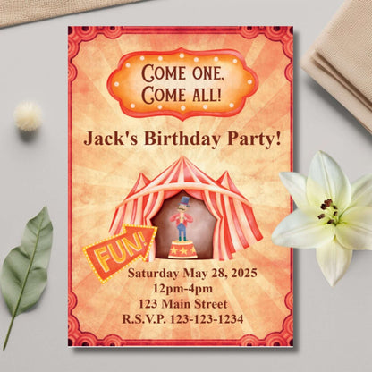 Birthday party invitation with a circus theme on a light gray surface with decorative elements.