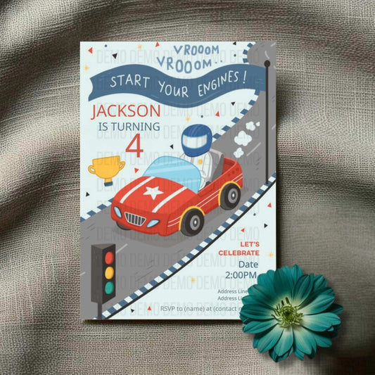 Children's birthday party invitation with a car and racing theme on a textured surface.