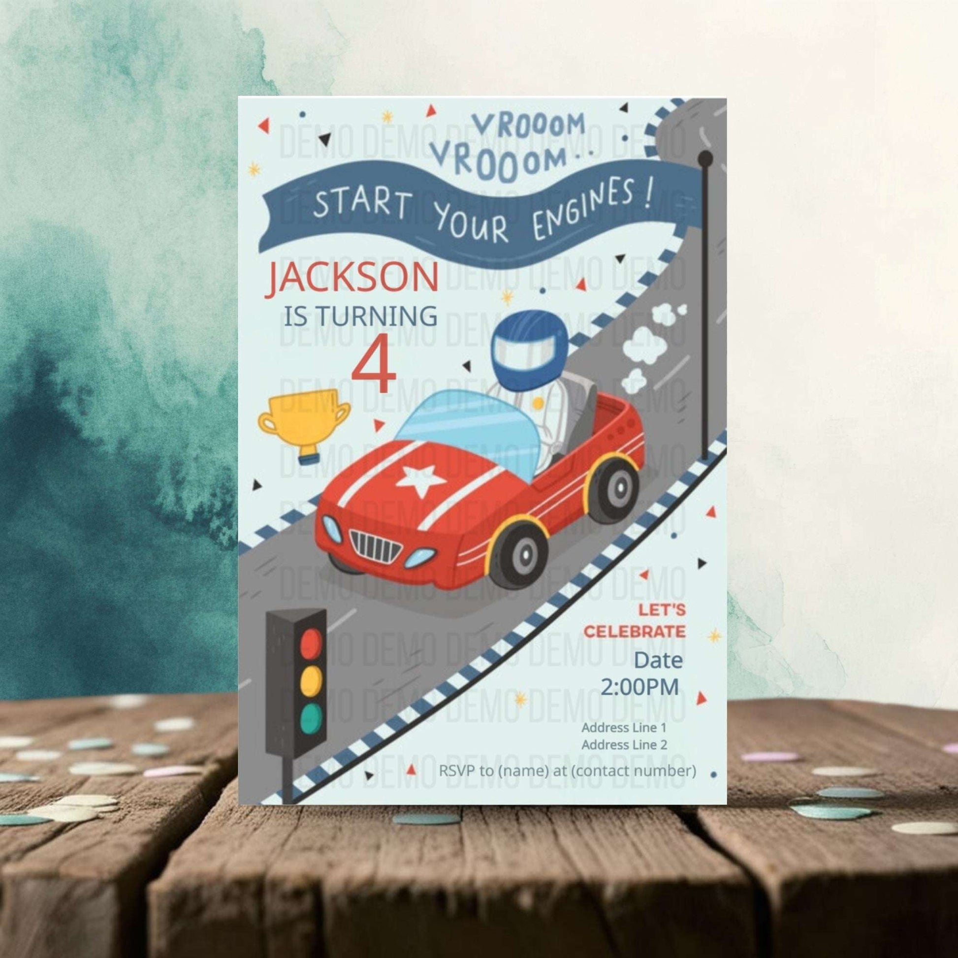 Children's birthday party invitation with a red car on a wooden surface
