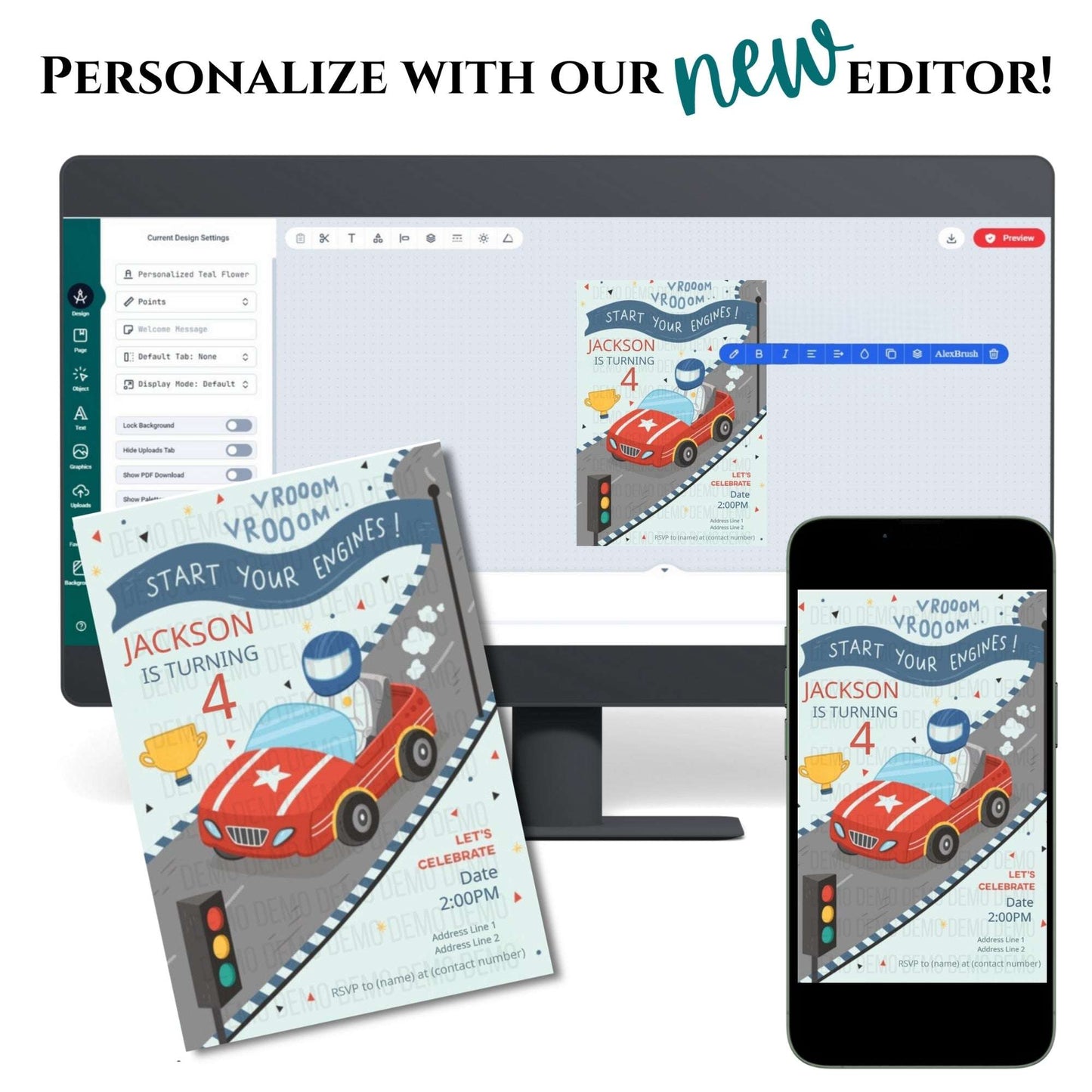 Digital editor interface with a birthday card design for a child's 4th birthday, displayed on a computer screen, phone, and tablet.