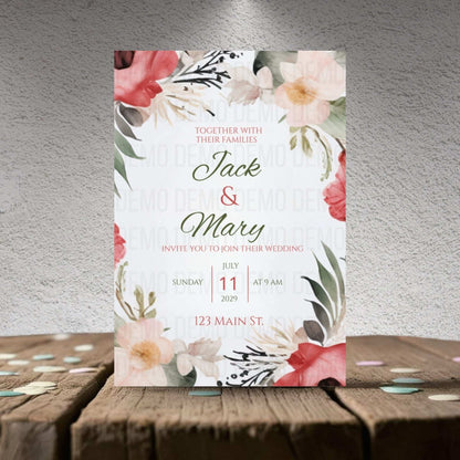 Wedding invitation card with floral design on a wooden surface